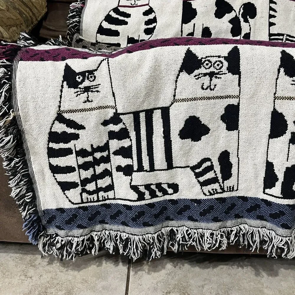 Crown Crafts Pat Meyers Cat Woven Throw Blanket Cotton Fringe Tapestry 60x50 USA